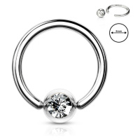 Ocelový 316L piercing do obočí - kroužek s čirým krystalkem v kulaté objímce, 1,6 mm, průměr 8 m