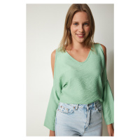 Happiness İstanbul Women's Aquatic Green Off-the-shoulder, Decollete, Flowy Wrap Blouse