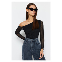 Trendyol Black Tulle Lined Asymmetrical Collar Knitted Blouse