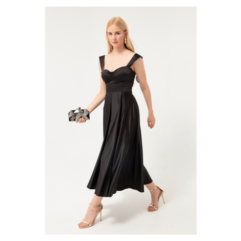 Lafaba Women's Black Strapless Flare Cut Midi Satin Evening Dress.