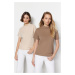 Trendyol Beige-Mink 2-Pack 100% Cotton Basic Stand Up Collar Knitted T-Shirt