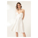 Lafaba Women's White Stone Strap Flared Cut Mini Evening Dress