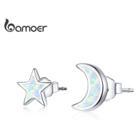 Stříbrné náušnice pecky hvězda a měsíc SCE875 LOAMOER