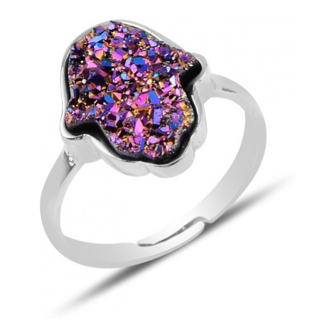 Klenoty Amber Stříbrný prsten hamsa fialová drůza - uni velikost