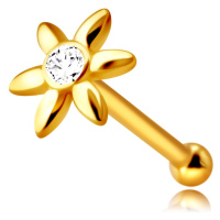 Diamantový piercing do nosu ze žlutého 585 zlata, rovný - kvítek s čirým briliantem