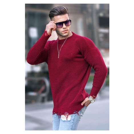 Madmext Burgundy Ripped Detailed Crew Neck Knitwear Sweater 5998