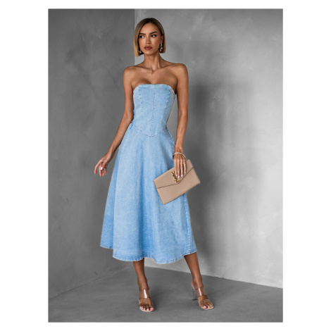Světle modré džínové dlouhé šaty JEROME bez ramínek