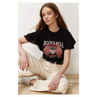 Trendyol Black 100% Cotton Printed Tulle Ruffle Detail Regular/Regular Fit Knitted T-Shirt