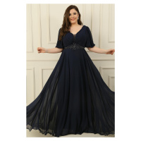 By Saygı Plus Size Long Chiffon Dress With A V-Neck Front Beaded Waist Draped and Lined Front Ba
