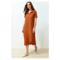 Trendyol Cinnamon Polo Neck Short Sleeve Crepe/Textured Knitted Midi Dress