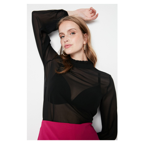 Trendyol Black Woven Ruffle Detail Sheer Blouse