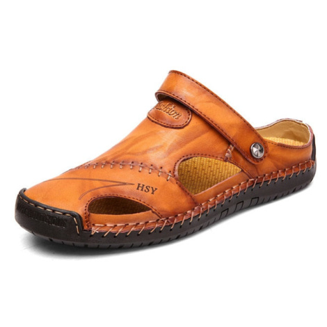 Pánské kožené pantofle s prošíváním a dekorativními stehy MIXI FASHION