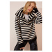 Happiness İstanbul Women's Black Striped Zipper Collar Oversized Knitwear Sweater