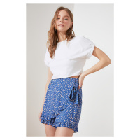 Trendyol Blue Frill Double Breasted Weave Viscose Floral Short Skirt