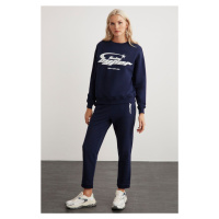 GRIMELANGE Darcy Women's Crew Neck Long Sleeve Elastic Waist Printed Navy Blue Tracksuit Set