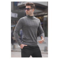 Madmext antracitový slim fit pruhovaný pulovr s polovičním rolákem proti žmolkování pánský svetr