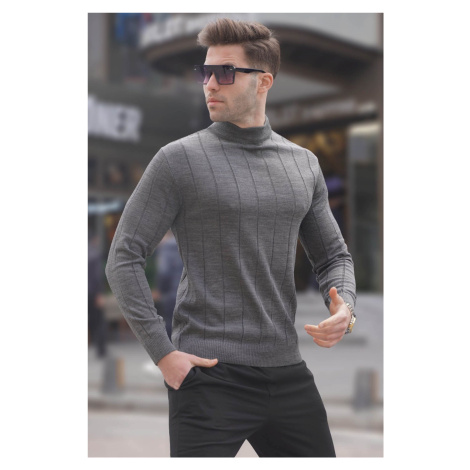 Madmext Anthracite Slim Fit Half Turtleneck Striped Anti-Pilling Men's Knitwear Sweater 6344