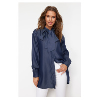 Trendyol Blue Denim Modest Oversize Shirt with Tie Detail