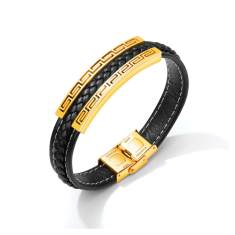 Černý koženkový náramek, ocelová známka zlaté barvy - řecký klíč Šperky eshop
