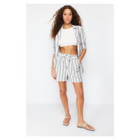 Trendyol Navy Blue Linen Content Belted Striped Woven Shorts