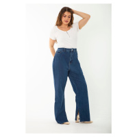 Şans Women's Plus Size Navy Blue Slit Jeans Trousers