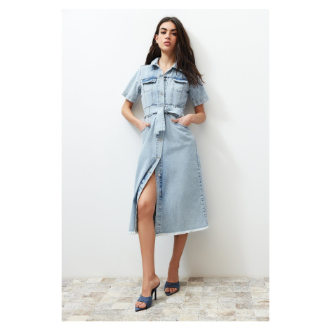 Trendyol Blue Belt Maxi Denim Dress