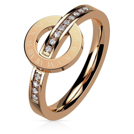 Prsten z oceli 316L růžové zlato - kruh s římskými číslicemi, kubické zirkony Šperky eshop