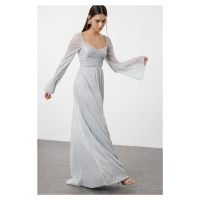 Trendyol Silver A-Cut Knitted Evening Dress & Graduation Dress