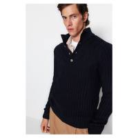 Trendyol Navy Blue Men's Slim Fit Half Turtleneck Buttoned Knitwear Sweater