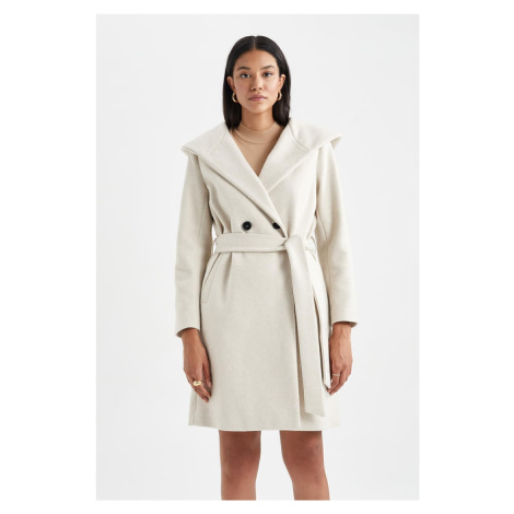 DEFACTO Long Cashmere Coat Hooded Buttoned Belted