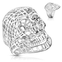 Masivní ocelový prsten ve stříbrném odstínu, síťovaná lebka