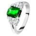Blýskavý prsten ve stříbrné barvě, smaragdově zelený zirkon, rozdělená ramena
