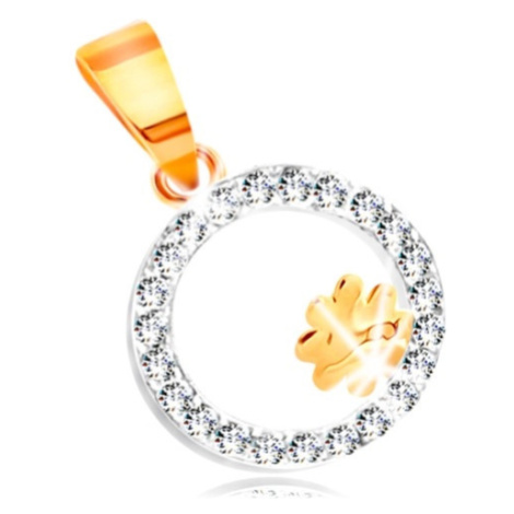 Přívěsek z kombinovaného 14K zlata - čtyřlístek v kroužku z čirých zirkonů Šperky eshop