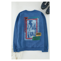 Trendyol Indigo Oversize Wash Effect Back Printed Cotton Sweatshirt