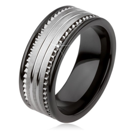 Wolframový keramický černý prsten se stříbrným povrchem a proužky Šperky eshop