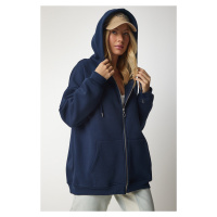 Happiness İstanbul Women's Navy Blue Hooded Zipper Oversize Sweatshirt