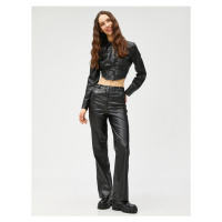 Koton Leather Look Trousers Wide Legs, Pocket Detailed With Button.