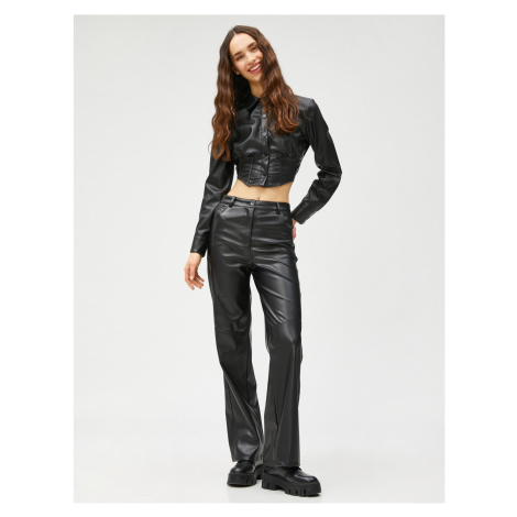 Koton Leather Look Trousers Wide Legs, Pocket Detailed With Button.