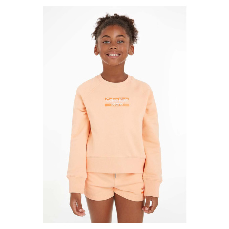 Dětská bavlněná mikina Calvin Klein Jeans oranžová barva, vzorovaná