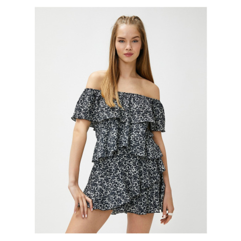 Koton Floral Mini Jumpsuit With Off-Shoulder Ruffles With Frills