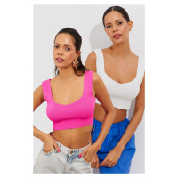 Cool & Sexy Women's Fuchsia-White Double Breasted Knitwear Crop Singlet YV134