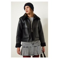 Happiness İstanbul Black Fur Collar Wide Pocket Faux Leather Jacket