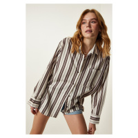 Happiness İstanbul Women's Cream Brown Striped Oversize Knitted Shirt