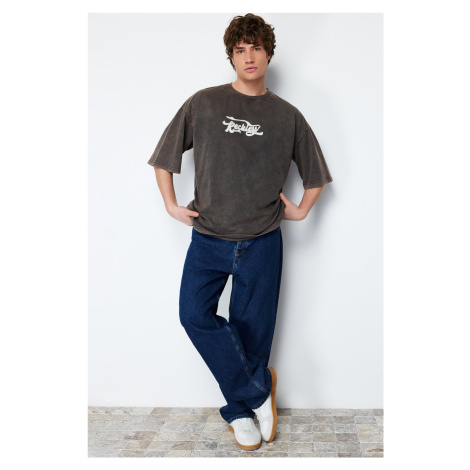 Trendyol Brown Oversize/Wide-Fit Weathered Faded Effect 100% Cotton T-Shirt