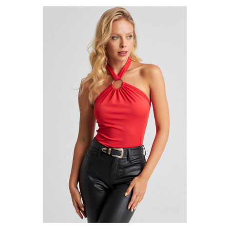 Cool & Sexy Women's Red Tie Neck Ringed Crop Blouse