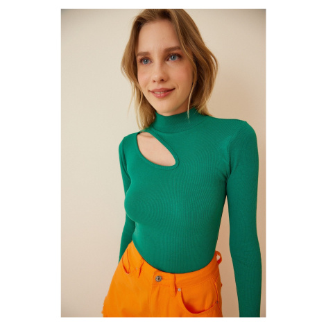 Happiness İstanbul Women's Vivid Green Cut Out Detailed Ribbed Knitted Blouse