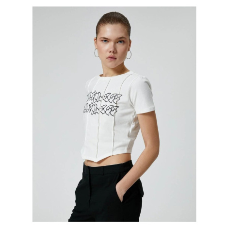 Koton Crop T-Shirt Asymmetric Cut Printed Short Sleeve Crew Neck Cotton