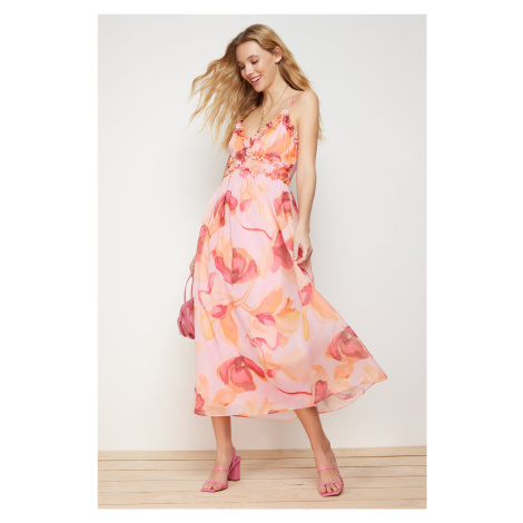 Trendyol Pink Floral Print A-Cut Ruffle Detailed Lined Chiffon Maxi Woven Dress