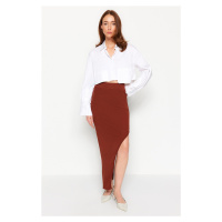 Dilvin 80108 Left Side Slit Knitwear Skirt-brown