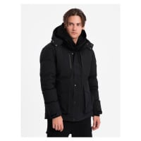 Men's winter jacket with detachable hood and cargo pockets - black V3 OM-JAHP-0152